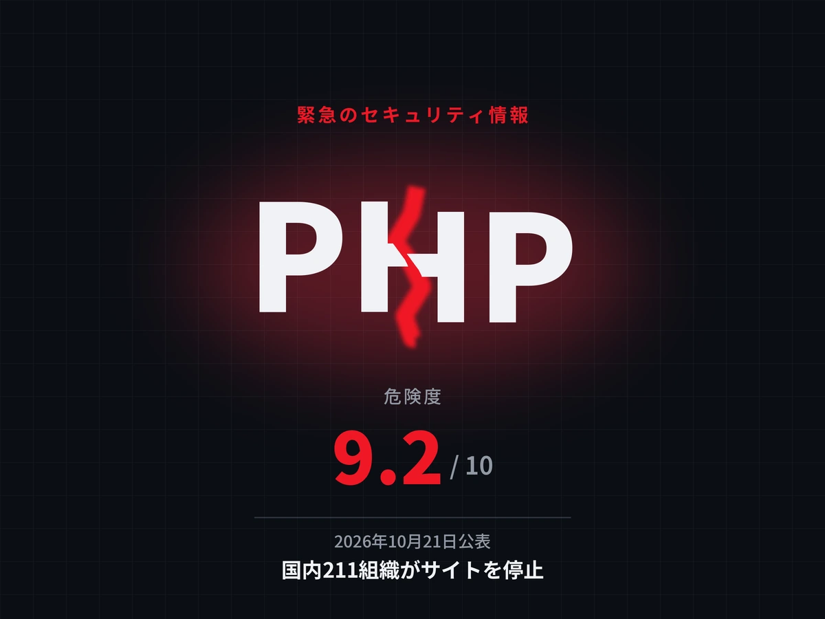 黒い地に、白い太字の「PHP」が縦に割れ、割れ目が赤く光っている図。上に「緊急のセキュリティ情報」、下に危険度9.2/10、2026年10月21日公表、国内211組織がサイトを停止と記されている