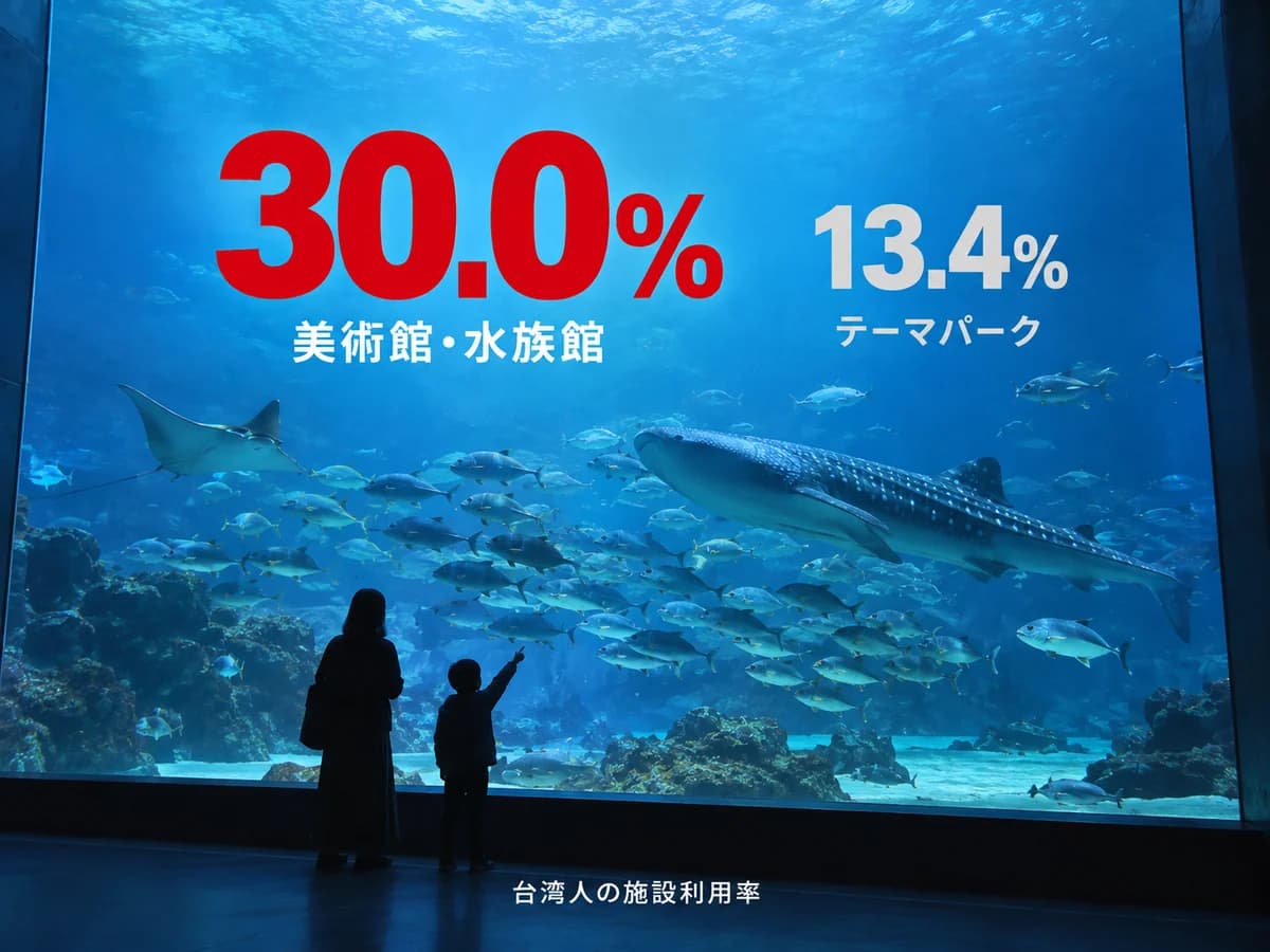 水族館の大水槽を見上げる親子のシルエット。施設利用率が美術館・水族館30.0%、テーマパーク13.4%と記されている