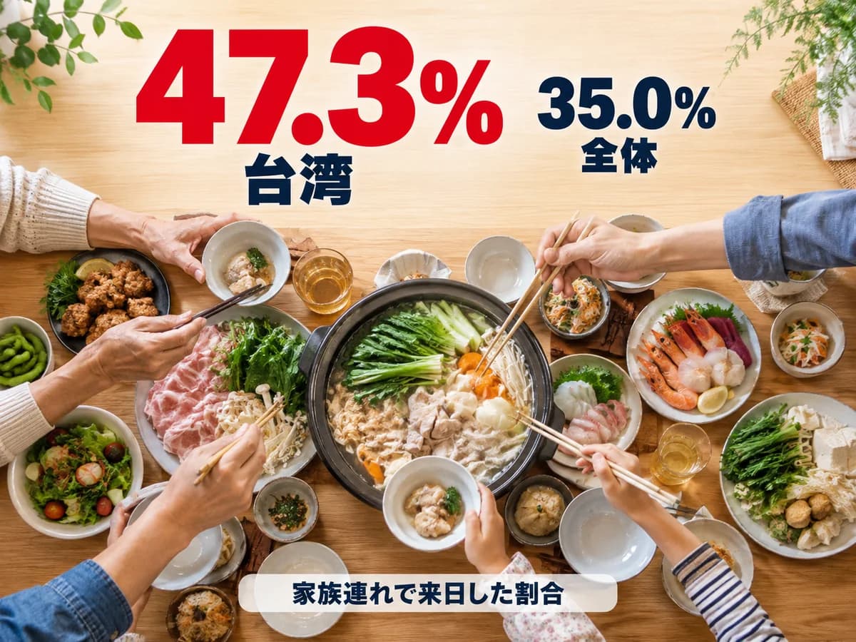 明るい木のテーブルを真上から撮った写真。鍋と豚肉・海鮮の大皿に、年配の人から子どもまで家族の手が伸びている。家族連れで来日した割合が台湾47.3%、全体35.0%と記されている