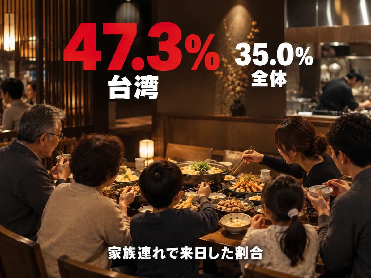 奥に厨房が見える日本の飲食店で、祖父母と両親、子ども2人の6人家族が鍋と大皿の料理を囲んでいる写真。家族連れで来日した割合が台湾47.3%、全体35.0%と記されている