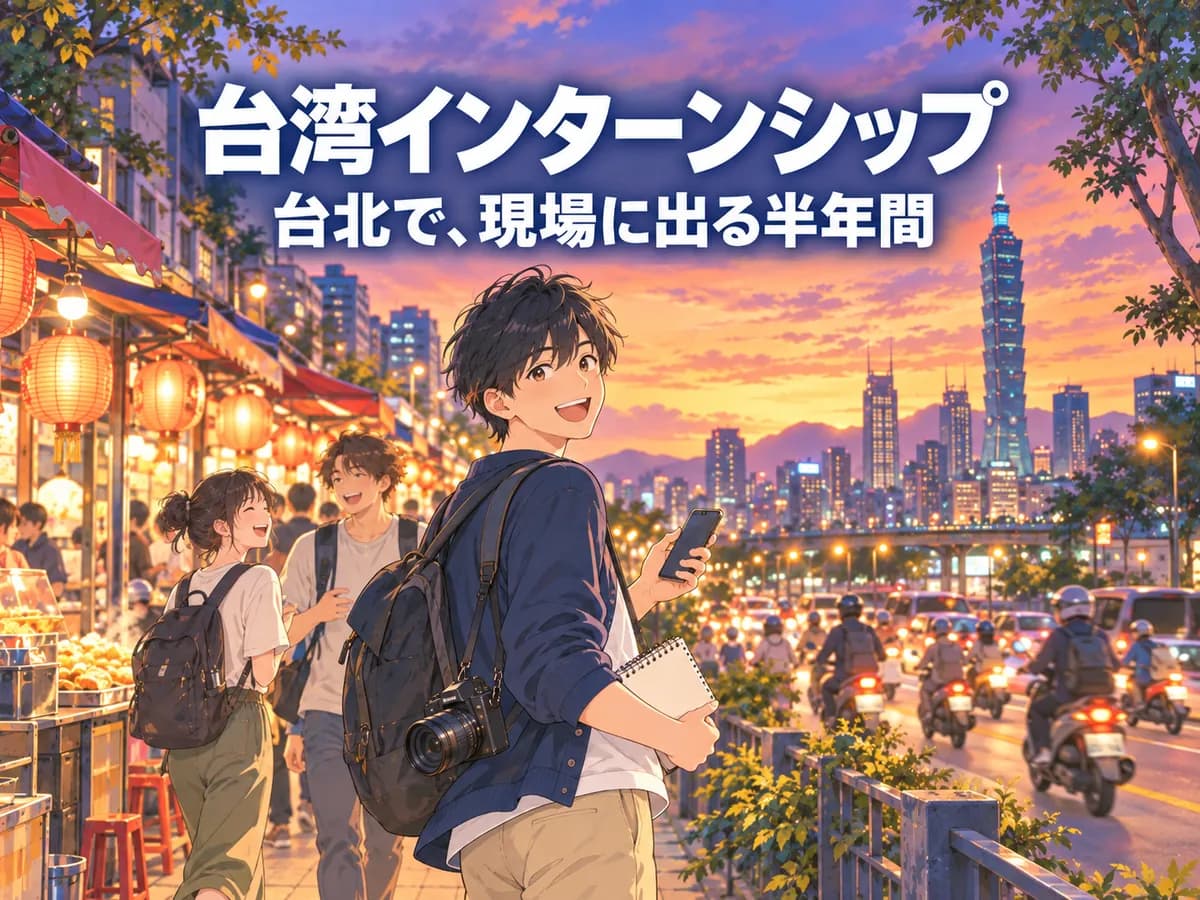 夕暮れの台北の街で、台北101を背にカメラとメモ帳を持ったインターン生が振り返って笑う。台湾インターンシップ、台北で、現場に出る半年間と記されている