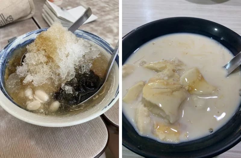 左がかき氷、トッピングが乗った豆花、右が豆乳タイプの豆花です。どっちも美味しいです!