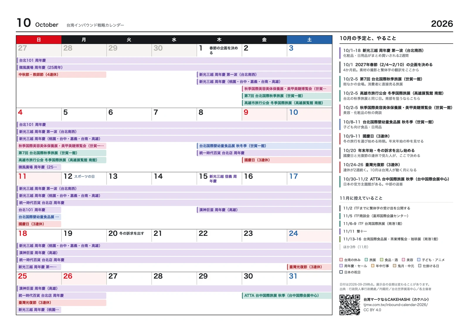 台湾インバウンド戦略カレンダー2026年版の月間ページ。2026年10月。連休と展示会、百貨店の周年慶を色分けした帯で描き、右側に10月の予定とやること、11月に控えていることを並べている