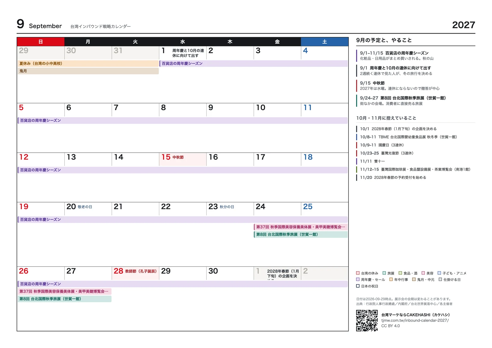 台湾インバウンド戦略カレンダー2027年版の月間ページ。2027年9月。中秋節と教師節、秋季旅展や美容展の会期を色分けした帯で描き、右側に9月の予定とやることを並べている