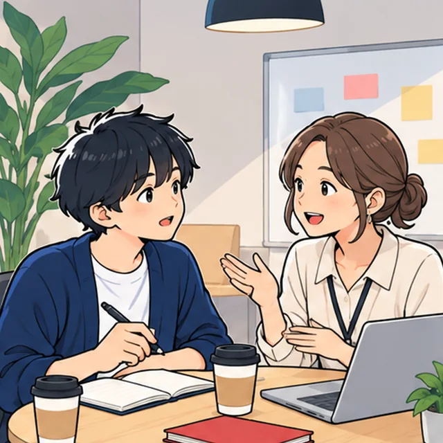 オフィスの丸テーブルで、ノートを開いたインターン生が女性の社員と週の目標を話し合っているイラスト