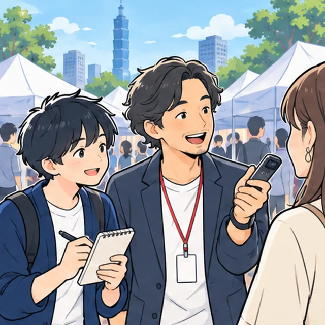 台北101が見えるイベント会場で、ボイスレコーダーを差し出して取材する社員の隣で、インターン生がメモを取っているイラスト