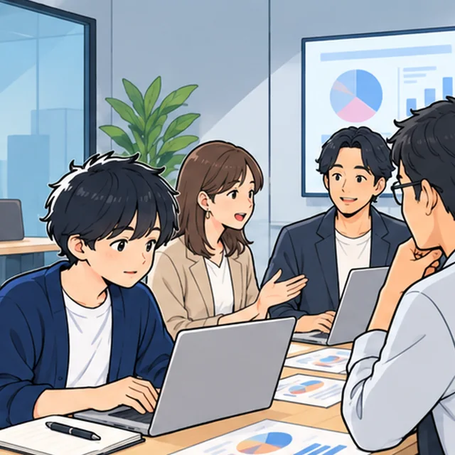 会議室で、社員とクライアントが資料を見ながら話す横で、インターン生がノートパソコンでメモを取っているイラスト