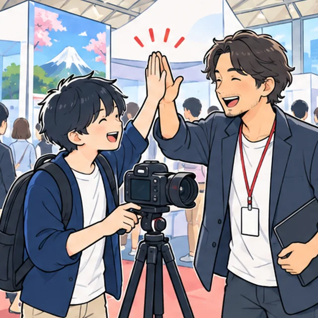 展示会の会場で、三脚のカメラを片付けながら社員とハイタッチするインターン生のイラスト